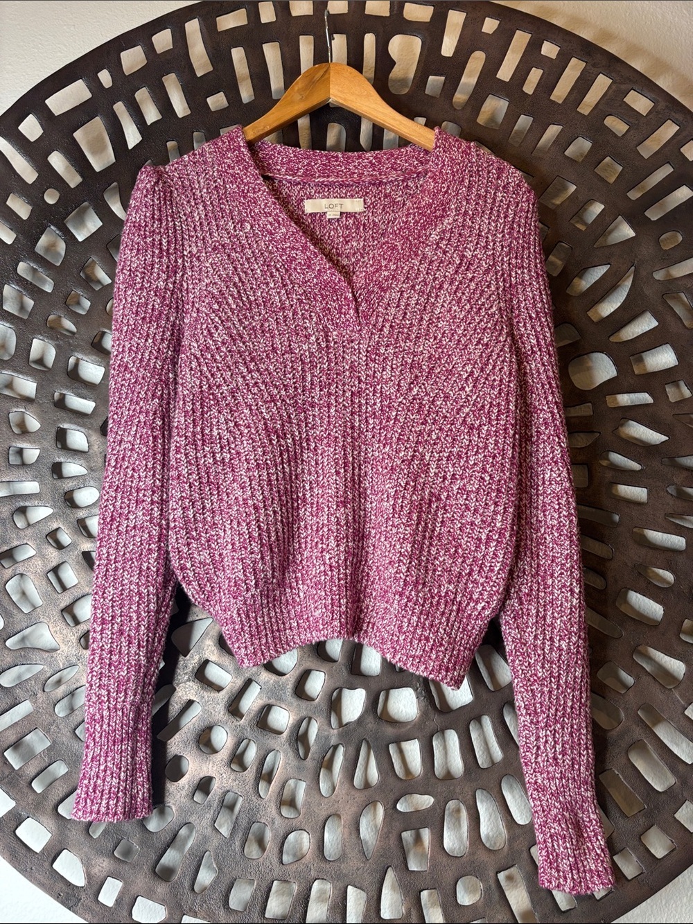 💗 LOFT Marled Rose V-Neck Sweater Women's XS Stretch Knit Pullover Cozy 💗